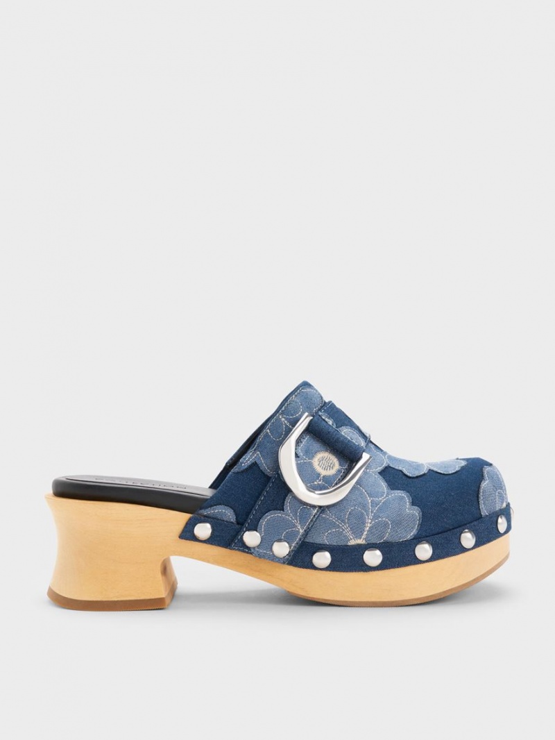 Charles & Keith Gabine Floral Denim Studded Clogs Blau | 263WUNQJD