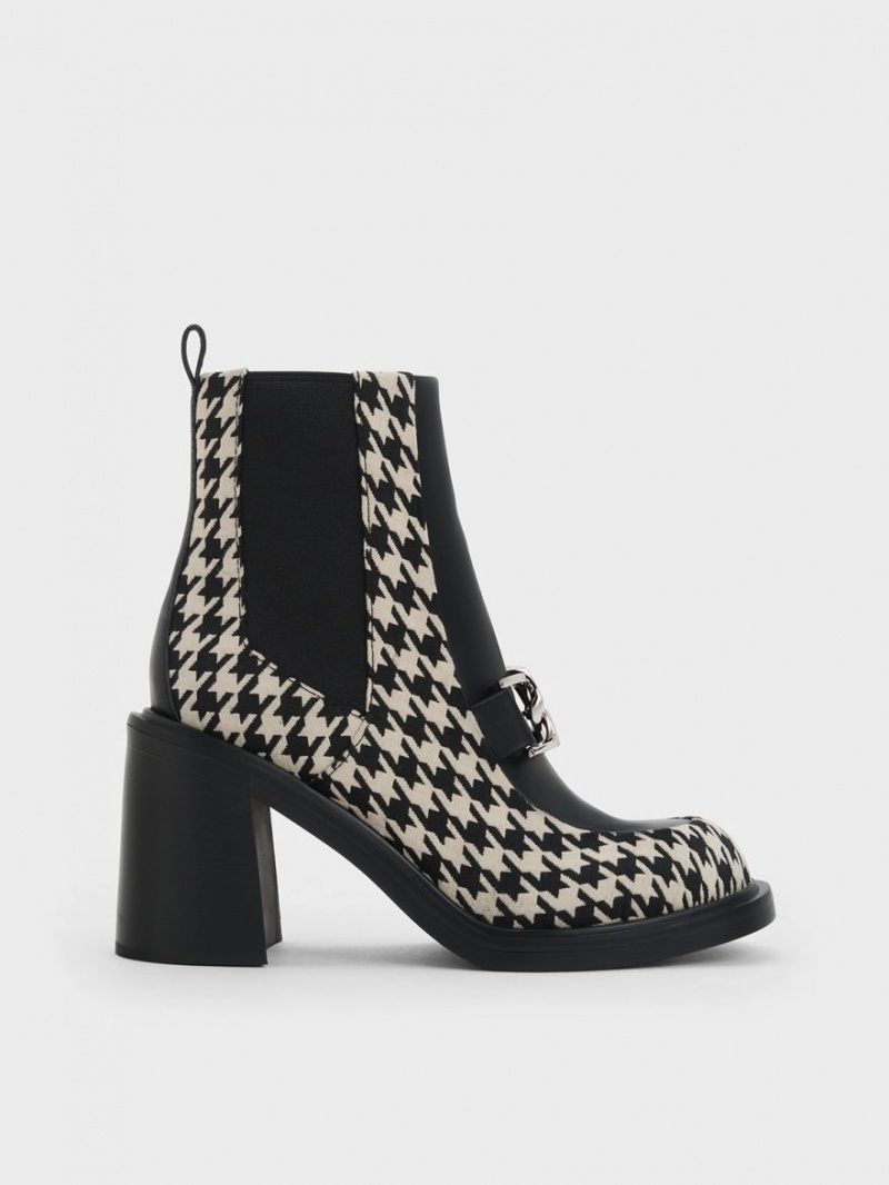 Charles & Keith Gabine Houndstooth Block Heel Stiefeletten Schwarz Weiß | 820OLTVPA