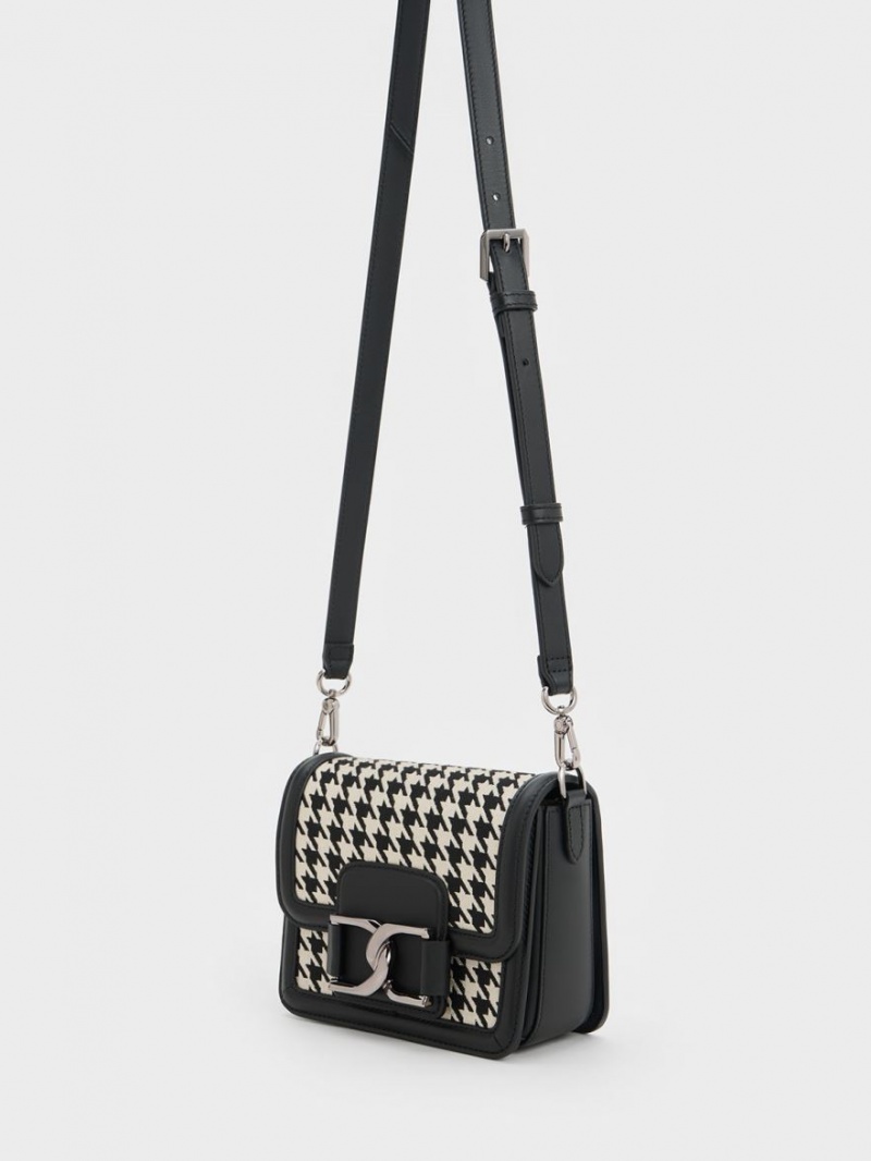 Charles & Keith Gabine Houndstooth Leder Crossbody Taschen Schwarz Weiß | 862WPFNGD