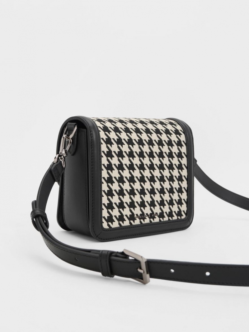 Charles & Keith Gabine Houndstooth Leder Crossbody Taschen Schwarz Weiß | 862WPFNGD