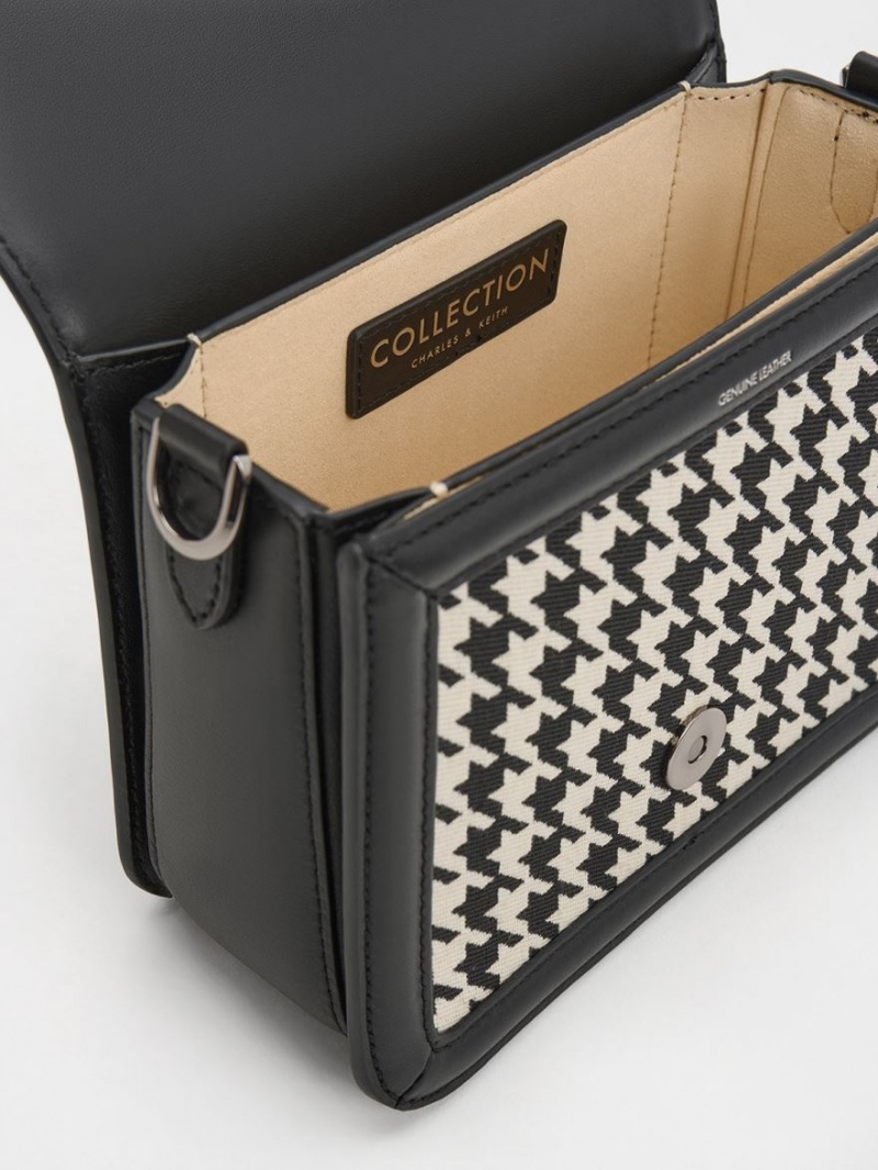 Charles & Keith Gabine Houndstooth Leder Crossbody Taschen Schwarz Weiß | 862WPFNGD