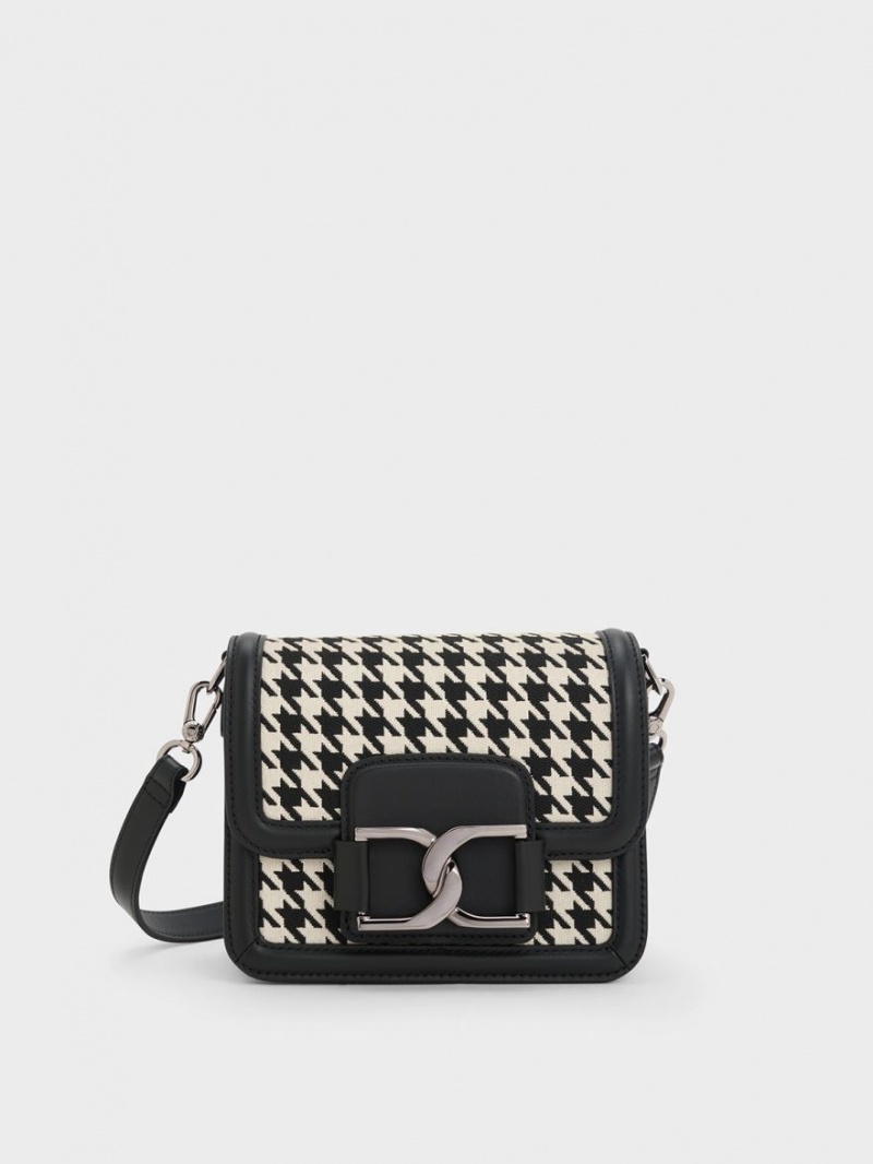 Charles & Keith Gabine Houndstooth Leder Crossbody Taschen Schwarz Weiß | 862WPFNGD