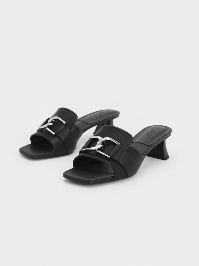 Charles & Keith Gabine Leder Block Heel Mules Schwarz | 613WBDXKA