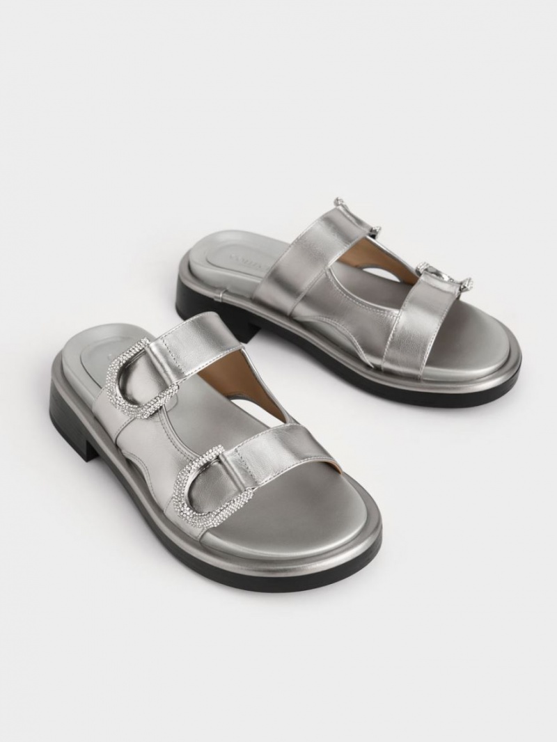 Charles & Keith Gabine Leder Pantoletten Silber | 036GTAOUQ