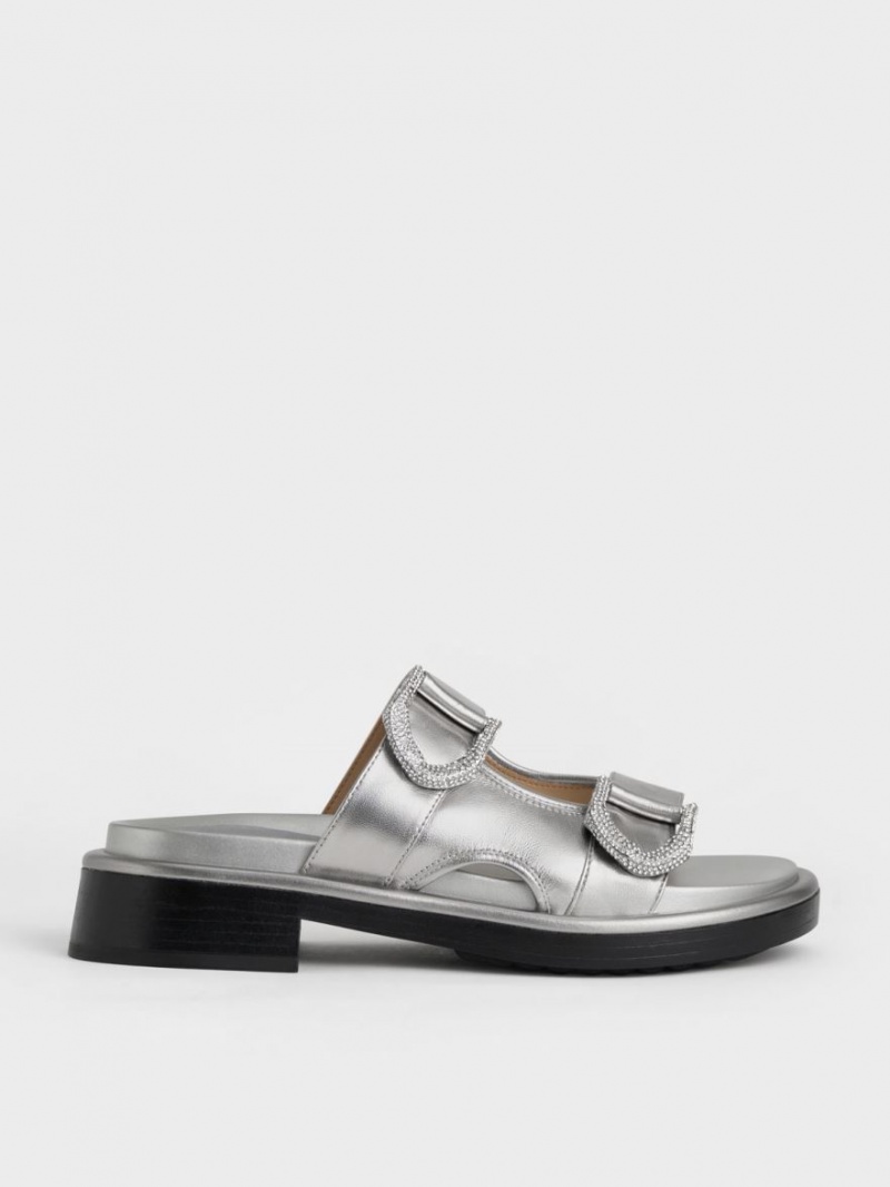 Charles & Keith Gabine Leder Pantoletten Silber | 036GTAOUQ