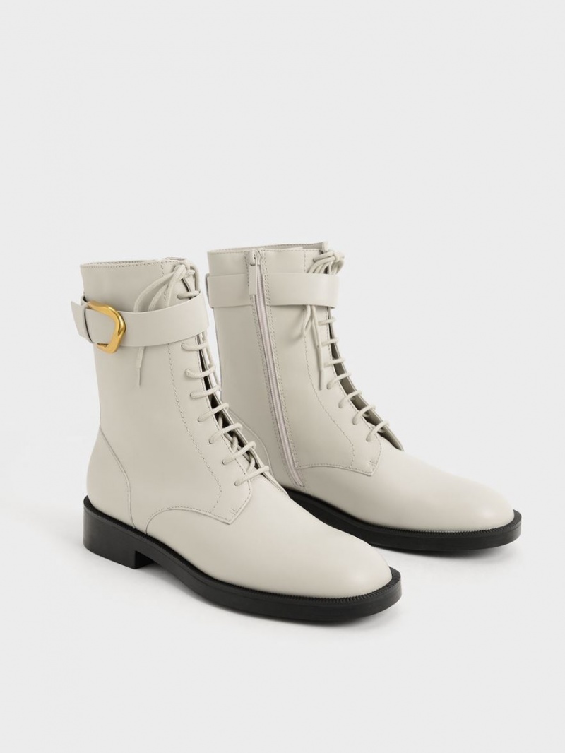 Charles & Keith Gabine Leder Spitze-Up Stiefeletten Weiß | 160KMYEQP