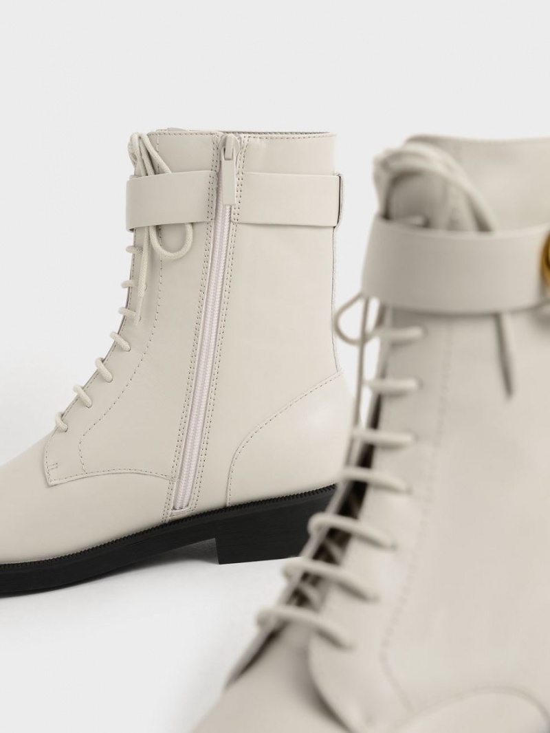 Charles & Keith Gabine Leder Spitze-Up Stiefeletten Weiß | 160KMYEQP