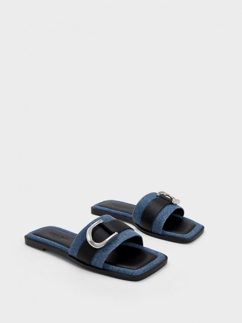 Charles & Keith Gabine Leder & Denim Rutschen Sie Sandalen Blau | 453IBWNGJ