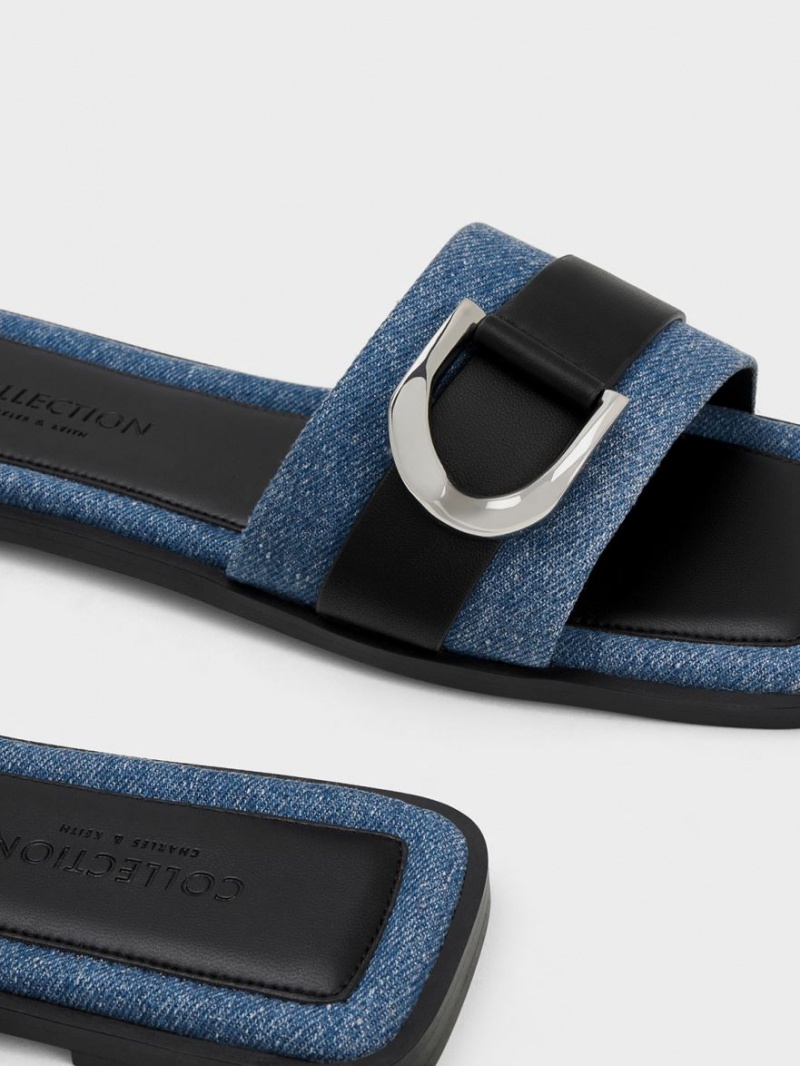 Charles & Keith Gabine Leder & Denim Rutschen Sie Sandalen Blau | 453IBWNGJ