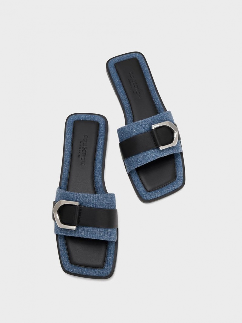 Charles & Keith Gabine Leder & Denim Rutschen Sie Sandalen Blau | 453IBWNGJ