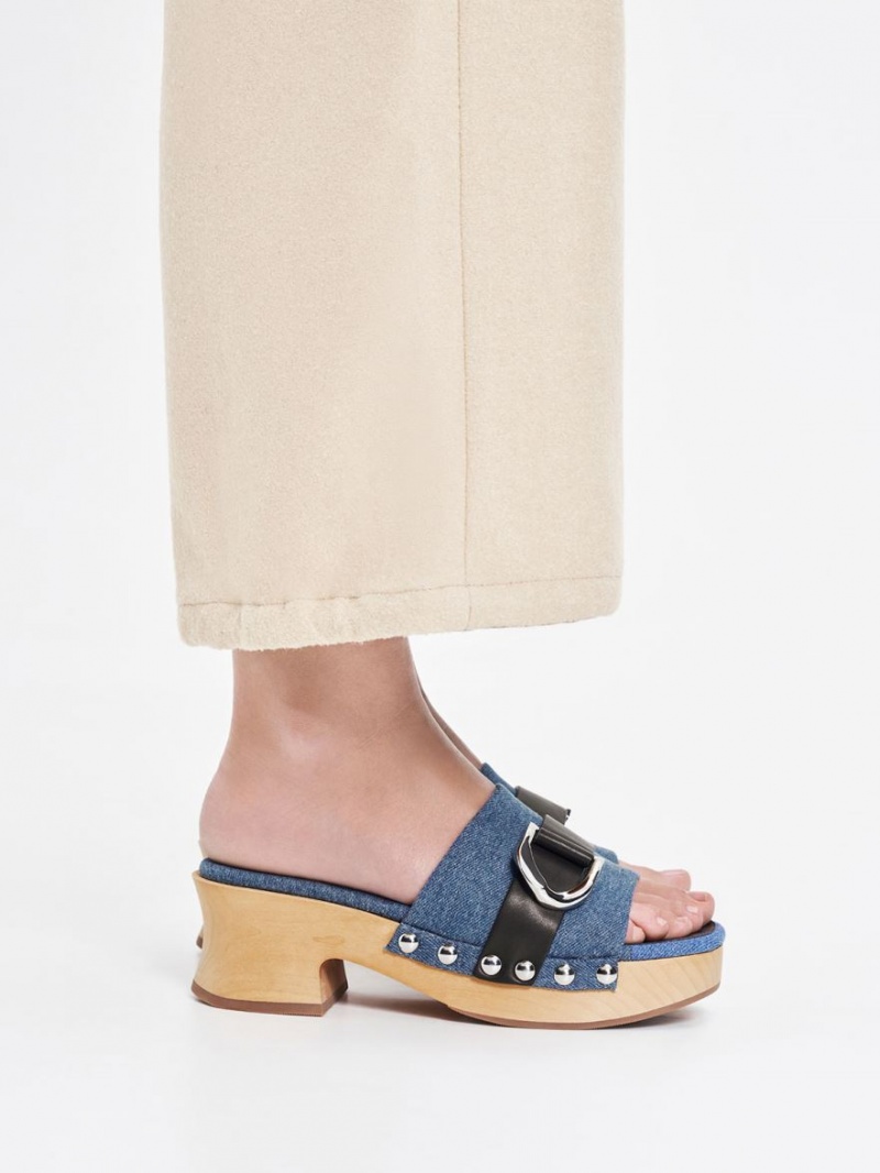 Charles & Keith Gabine Studded Denim & Leder Clogs Blau | 015VOAQNP