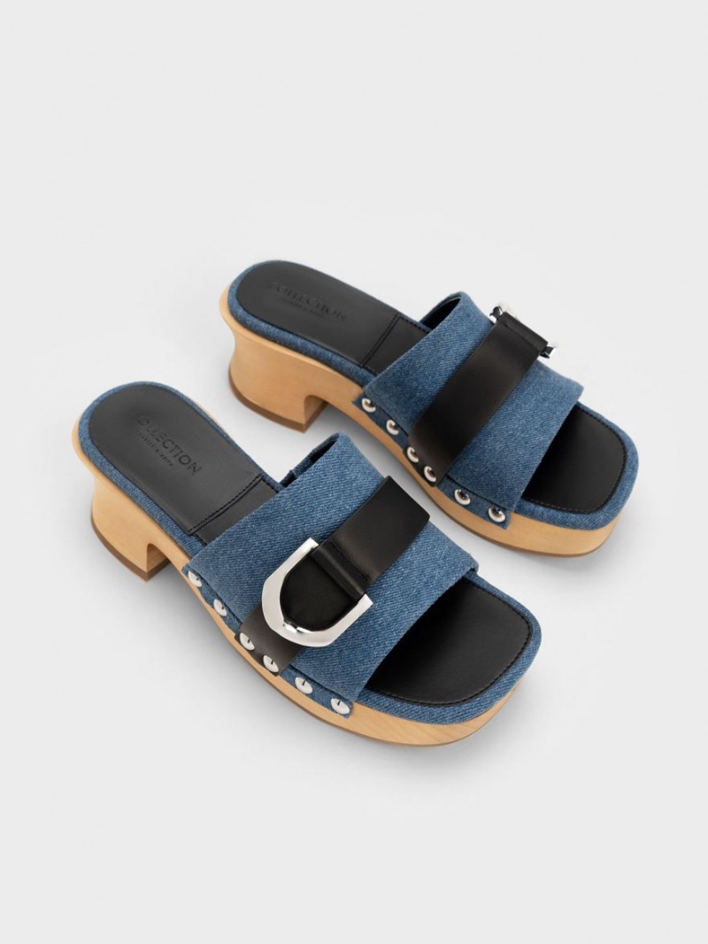 Charles & Keith Gabine Studded Denim & Leder Clogs Blau | 015VOAQNP