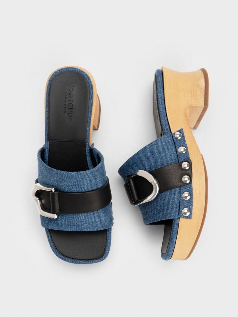 Charles & Keith Gabine Studded Denim & Leder Clogs Blau | 015VOAQNP