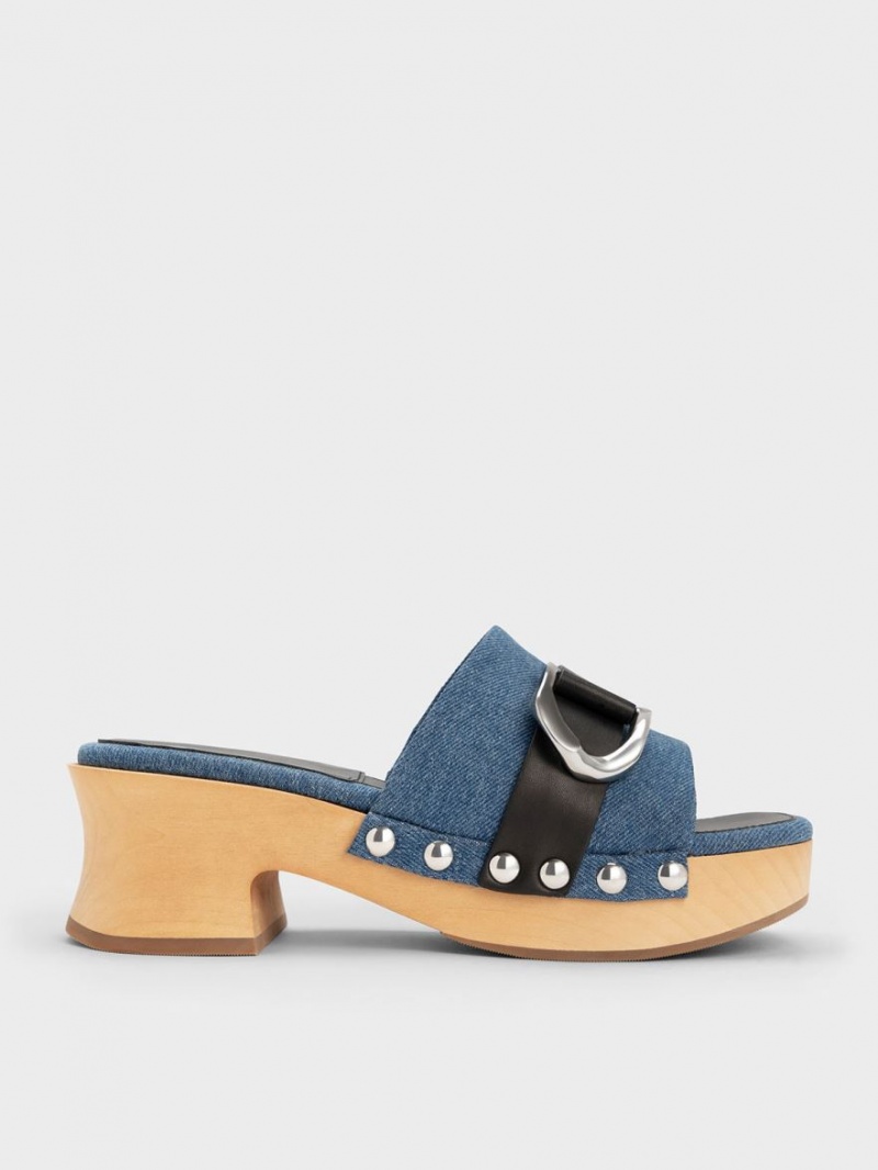 Charles & Keith Gabine Studded Denim & Leder Clogs Blau | 015VOAQNP