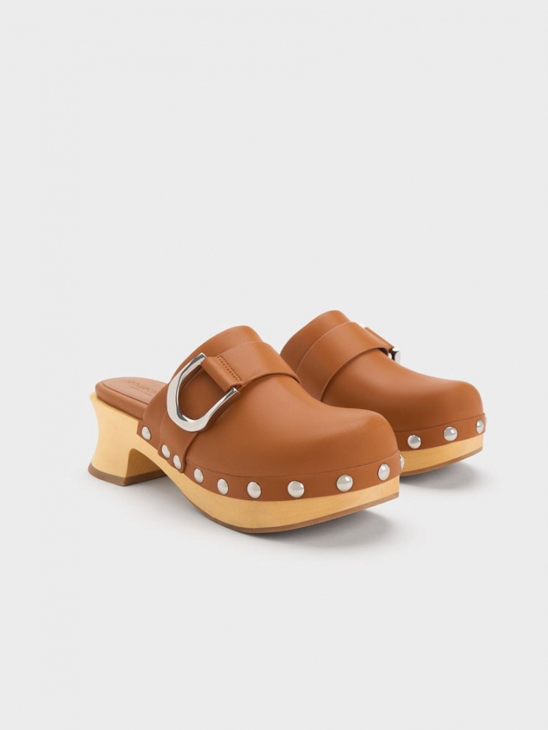 Charles & Keith Gabine Studded Leder Clogs Braun | 306ZVQXWA