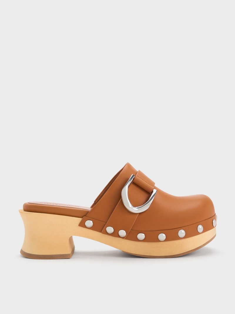 Charles & Keith Gabine Studded Leder Clogs Braun | 306ZVQXWA