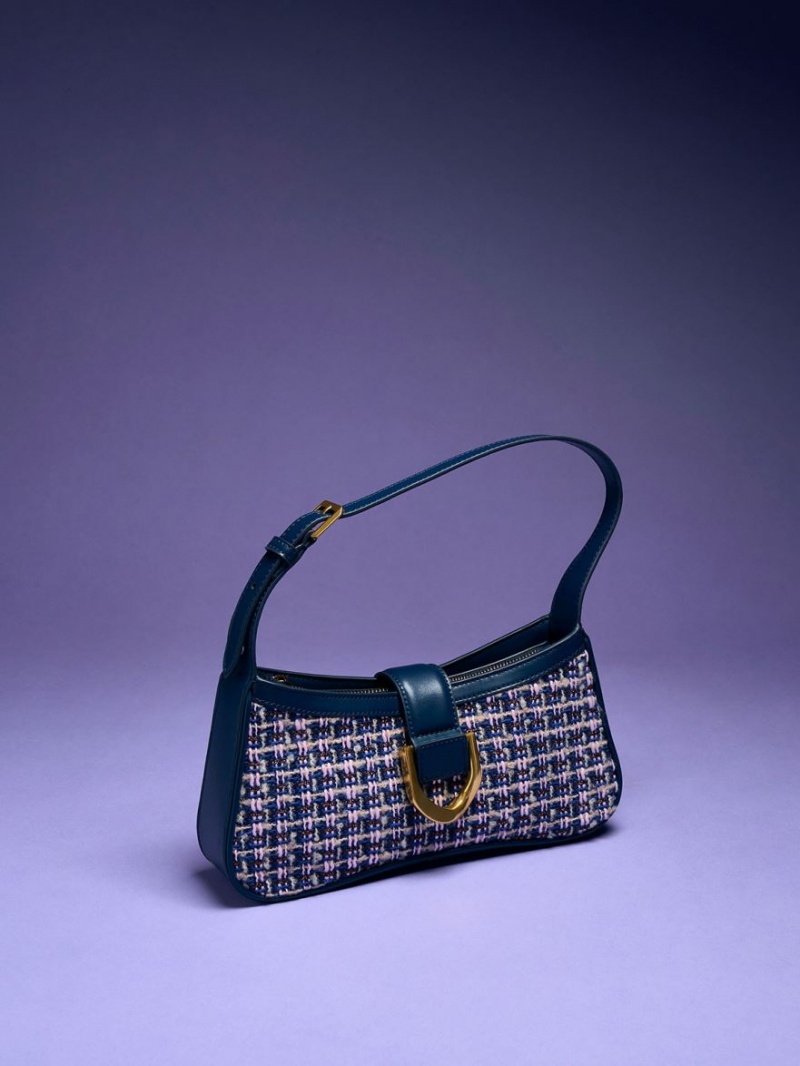 Charles & Keith Gabine Tweed Curved Schultertaschen Navy | 947SICYBK