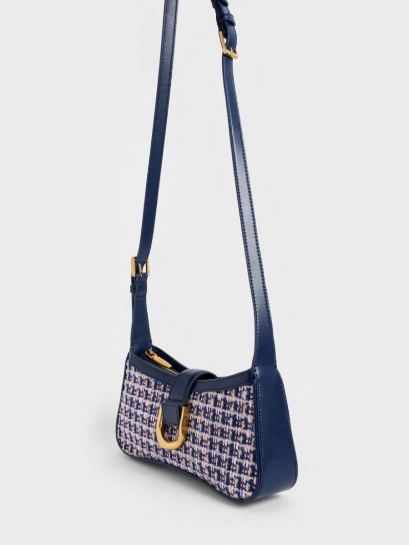 Charles & Keith Gabine Tweed Curved Schultertaschen Navy | 947SICYBK