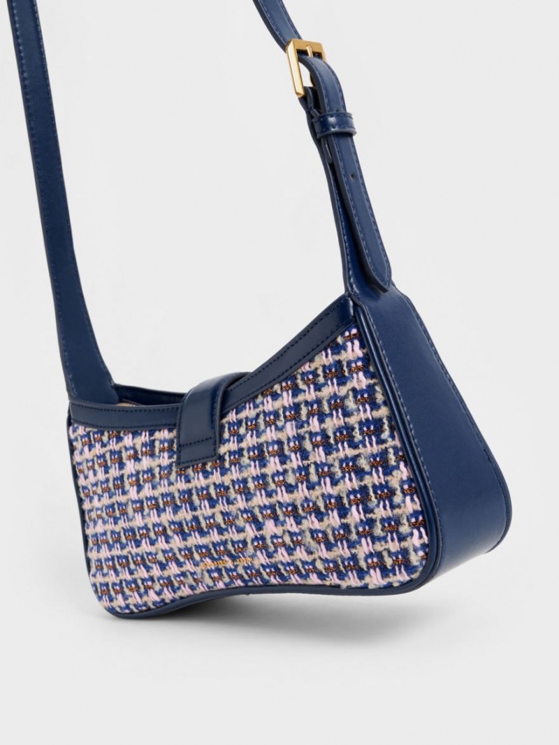 Charles & Keith Gabine Tweed Curved Schultertaschen Navy | 947SICYBK