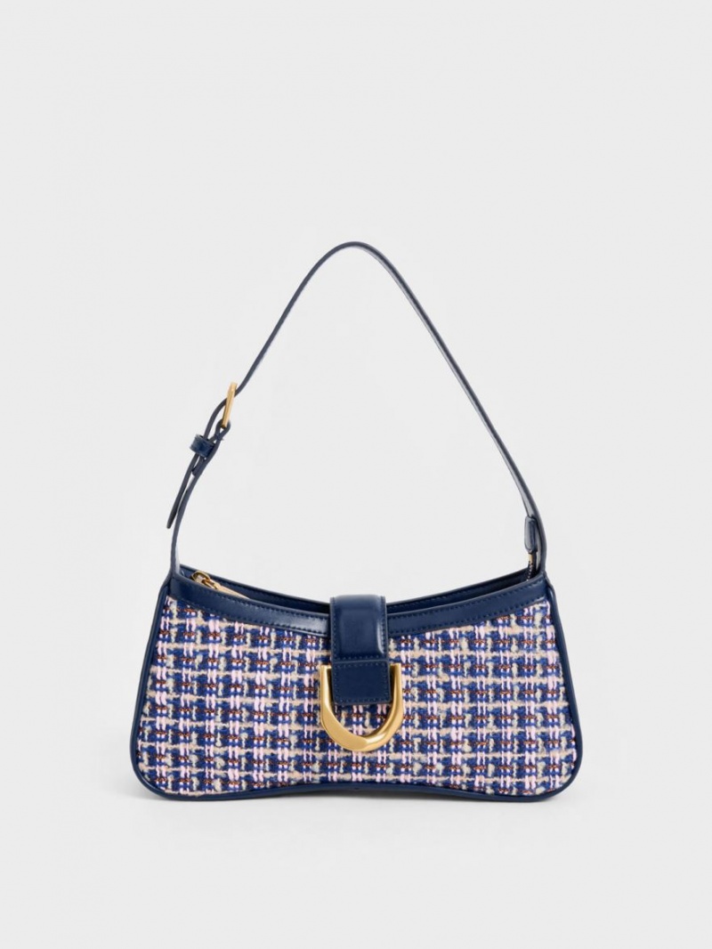 Charles & Keith Gabine Tweed Curved Schultertaschen Navy | 947SICYBK