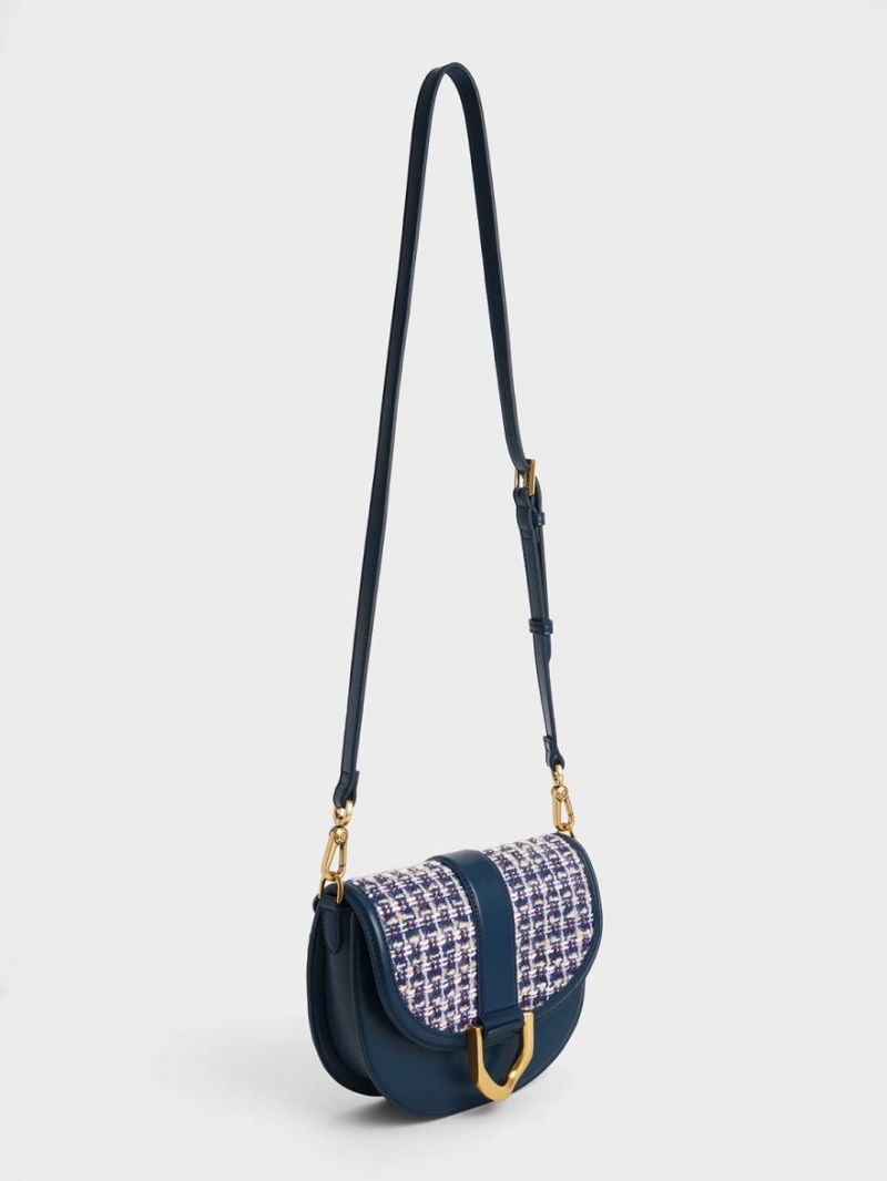 Charles & Keith Gabine Tweed Satteltaschen Navy | 154YFWXCI