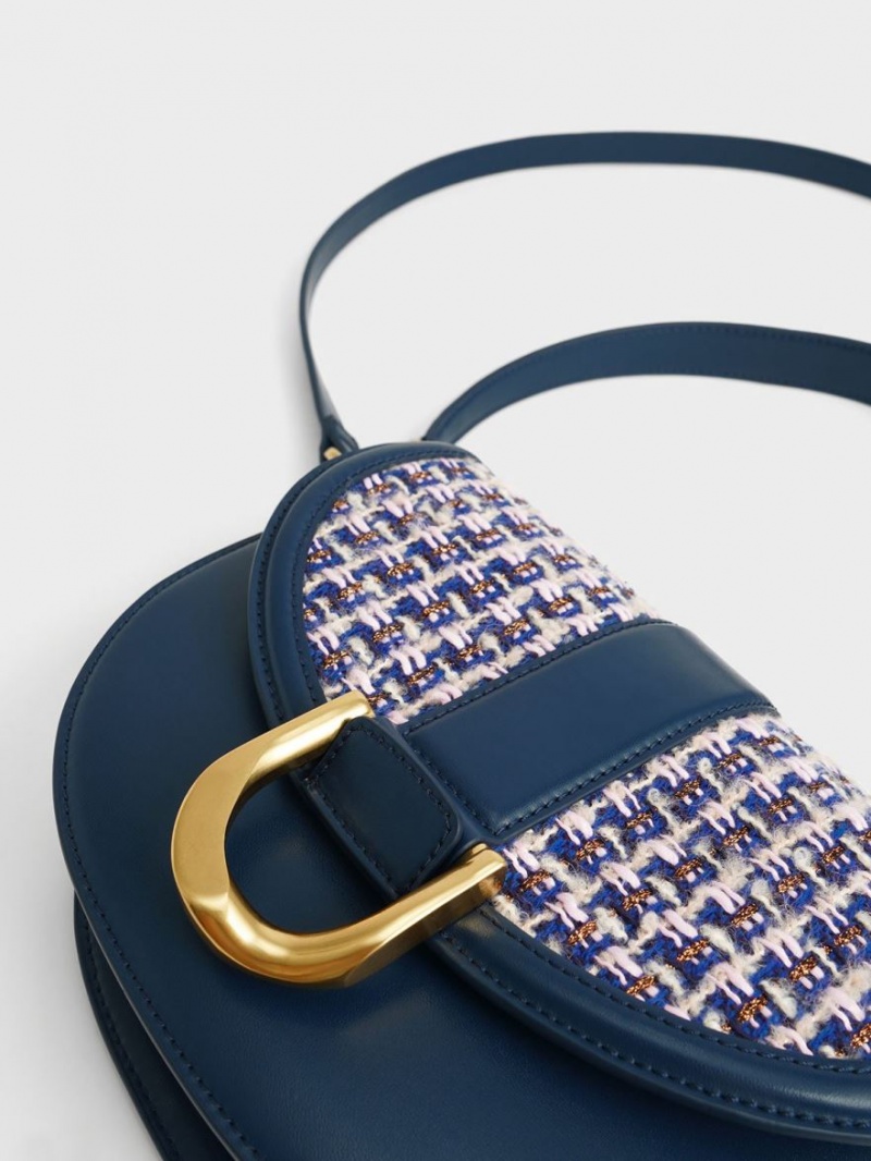 Charles & Keith Gabine Tweed Satteltaschen Navy | 154YFWXCI