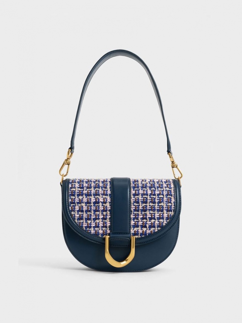 Charles & Keith Gabine Tweed Satteltaschen Navy | 154YFWXCI