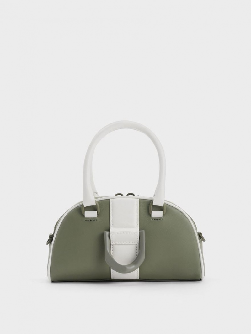 Charles & Keith Gabine Two-Tone Leder Bowling Tragetaschen Olivgrün | 180YHNEMG