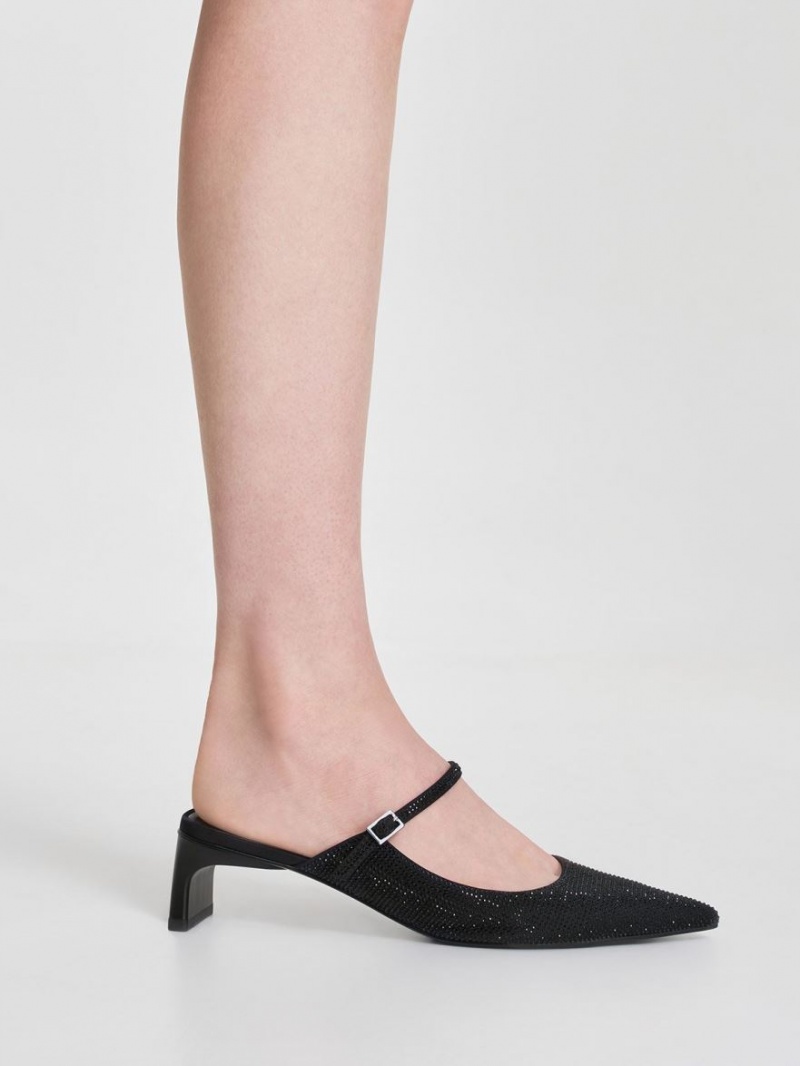 Charles & Keith Gem-Embellished Blade Heel Mules Schwarz | 601VEKLBQ