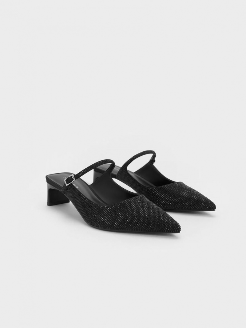 Charles & Keith Gem-Embellished Blade Heel Mules Schwarz | 601VEKLBQ