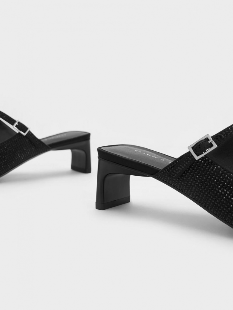 Charles & Keith Gem-Embellished Blade Heel Mules Schwarz | 601VEKLBQ