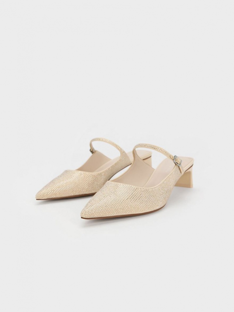 Charles & Keith Gem-Embellished Blade Heel Mules Beige | 542IBJGSW