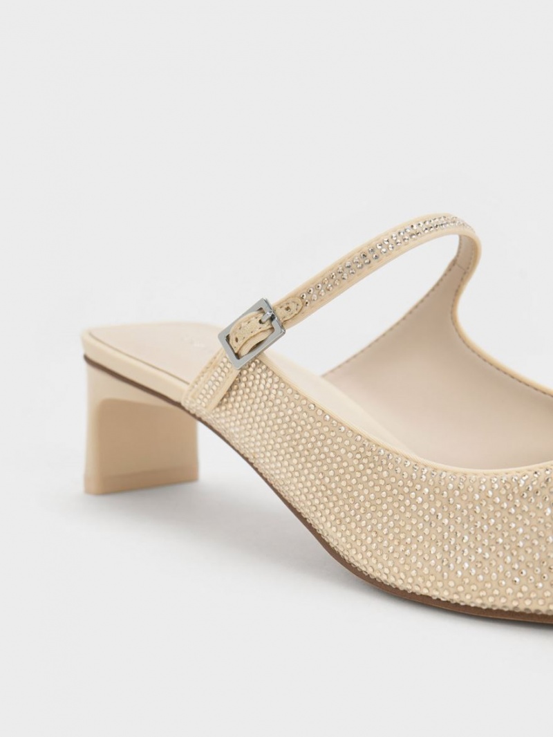 Charles & Keith Gem-Embellished Blade Heel Mules Beige | 542IBJGSW