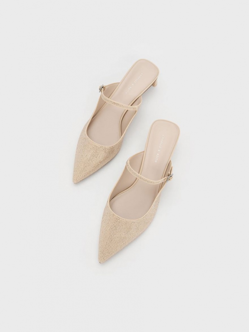 Charles & Keith Gem-Embellished Blade Heel Mules Beige | 542IBJGSW