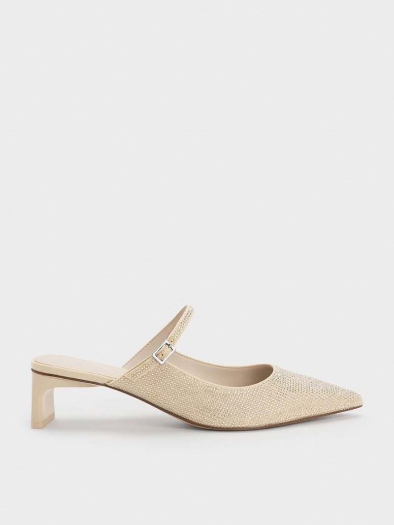 Charles & Keith Gem-Embellished Blade Heel Mules Beige | 542IBJGSW