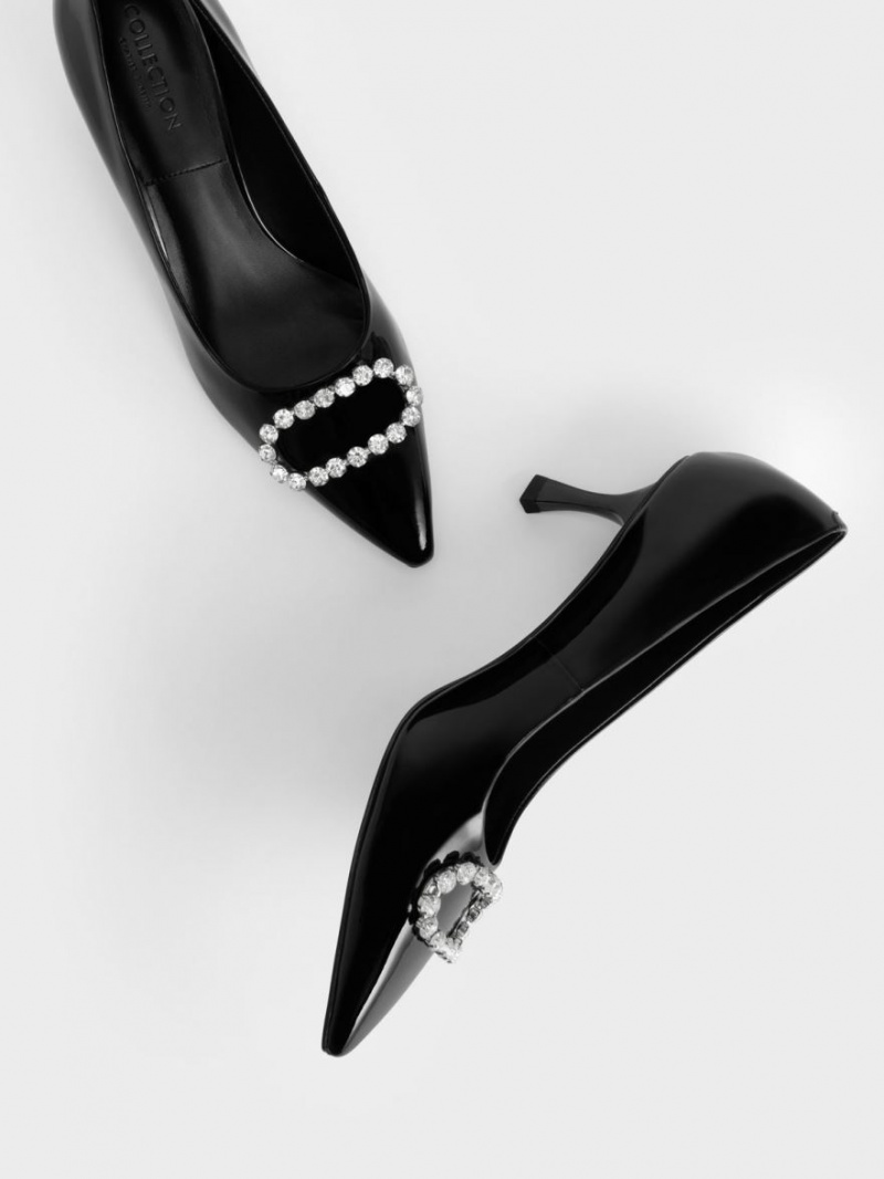 Charles & Keith Gem-Embellished Lack Leder Pumps Schwarz | 869DHZJAG