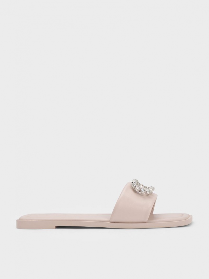 Charles & Keith Gem-Embellished Leder Pantoletten Rosa | 085CBQSAY