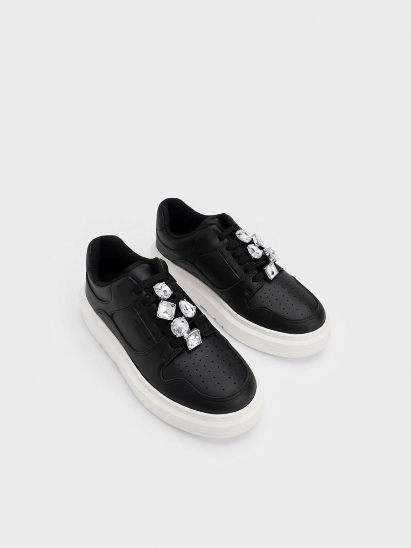 Charles & Keith Gem-Embellished Plateau Sneaker Schwarz | 954ZPLUMD