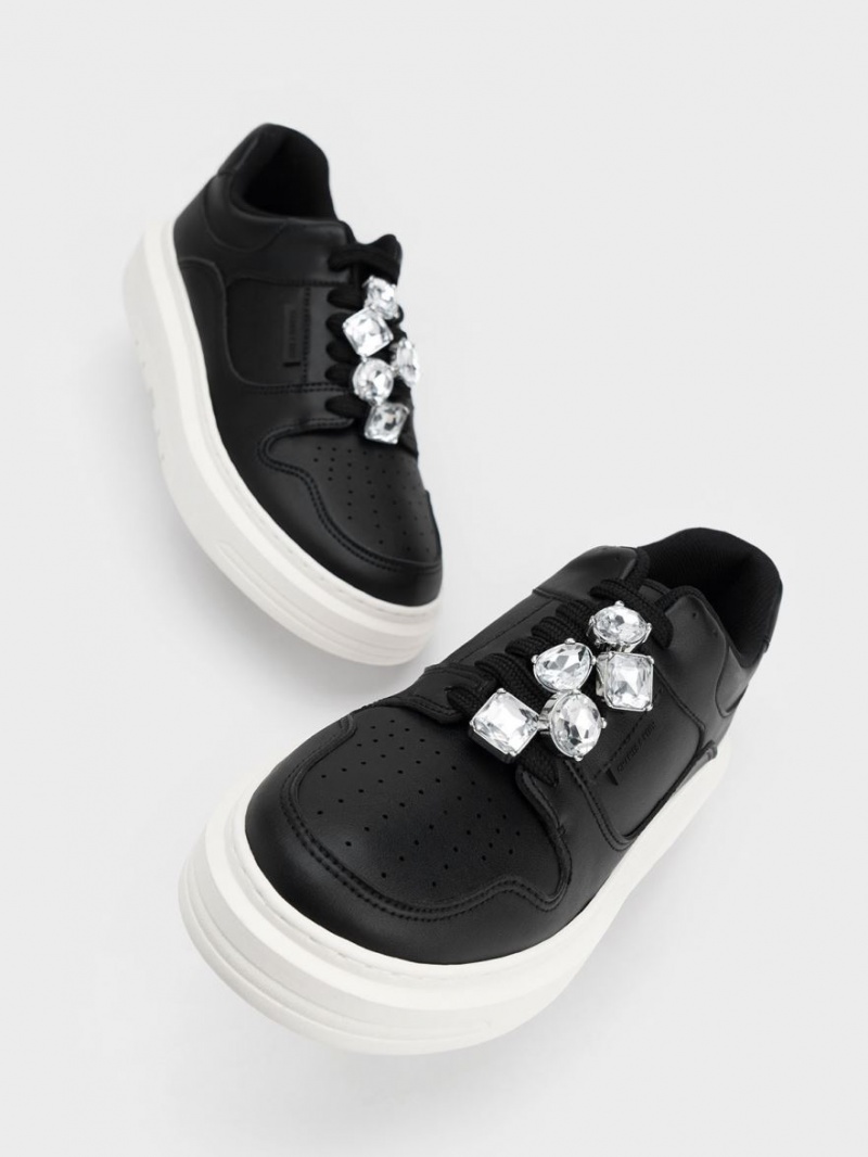 Charles & Keith Gem-Embellished Plateau Sneaker Schwarz | 954ZPLUMD