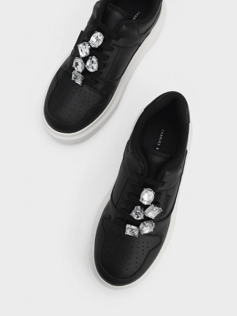 Charles & Keith Gem-Embellished Plateau Sneaker Schwarz | 954ZPLUMD