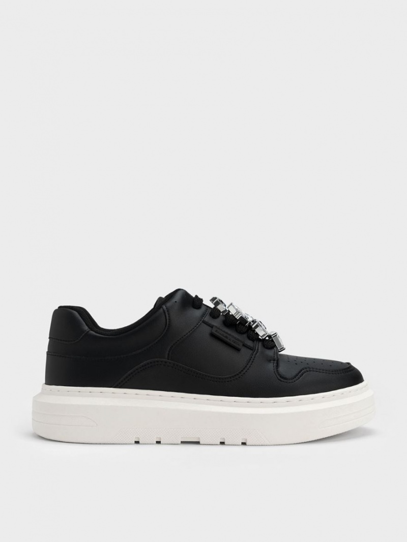 Charles & Keith Gem-Embellished Plateau Sneaker Schwarz | 954ZPLUMD