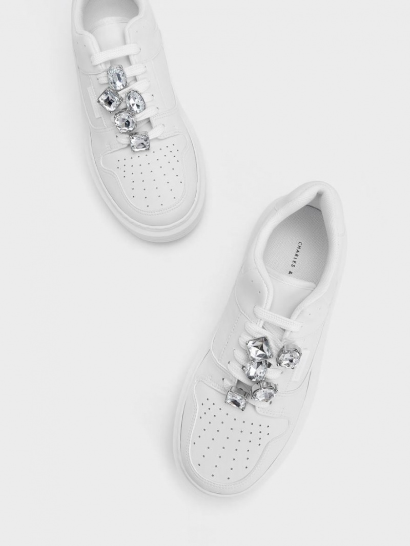 Charles & Keith Gem-Embellished Plateau Sneaker Weiß | 432GIKVCH