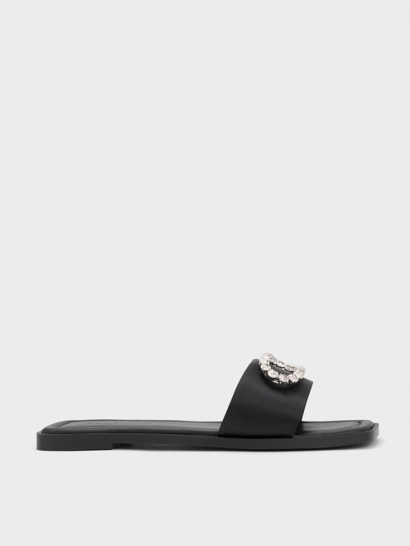 Charles & Keith Gem-Embellished Recycled Polyester Pantoletten Schwarz | 263JWAIEG