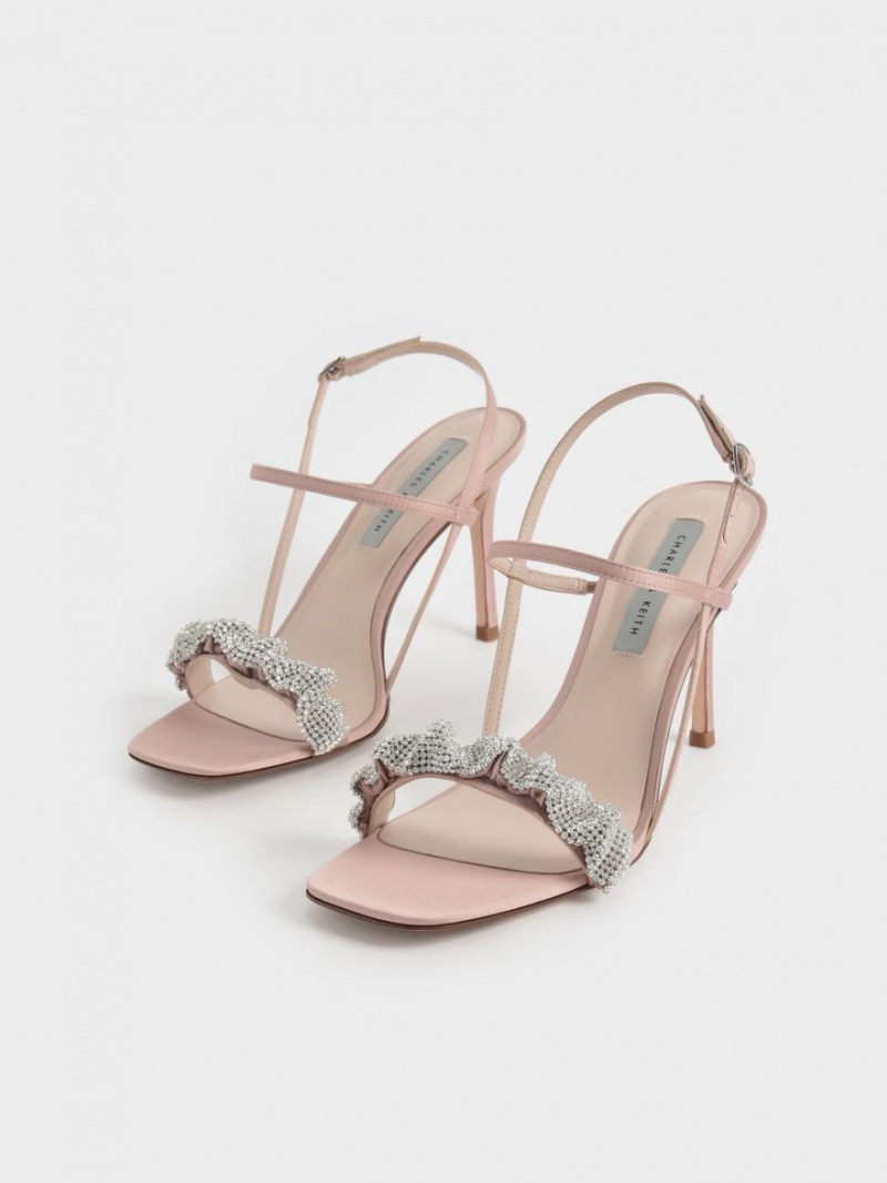 Charles & Keith Gem-Embellished Satin Stiletto Sandalen Absatz Rosa | 825KOSUJX