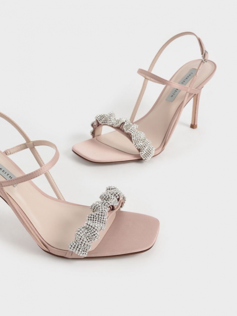 Charles & Keith Gem-Embellished Satin Stiletto Sandalen Absatz Rosa | 825KOSUJX