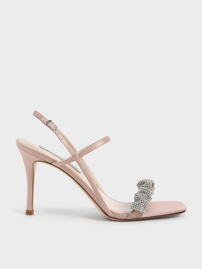 Charles & Keith Gem-Embellished Satin Stiletto Sandalen Absatz Rosa | 825KOSUJX