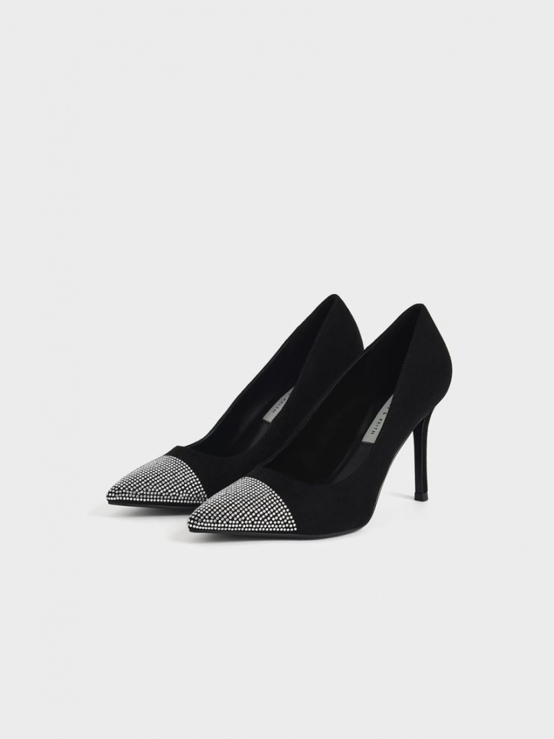 Charles & Keith Gem-Embellished Textured Stiletto Pumps Schwarz | 490DLAVJO