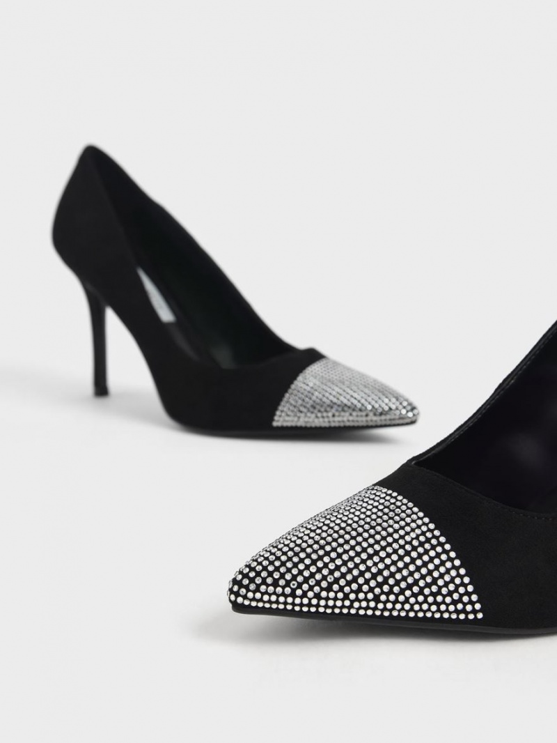 Charles & Keith Gem-Embellished Textured Stiletto Pumps Schwarz | 490DLAVJO