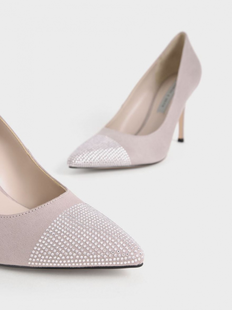 Charles & Keith Gem-Embellished Textured Stiletto Pumps Lila | 793VUWNCM