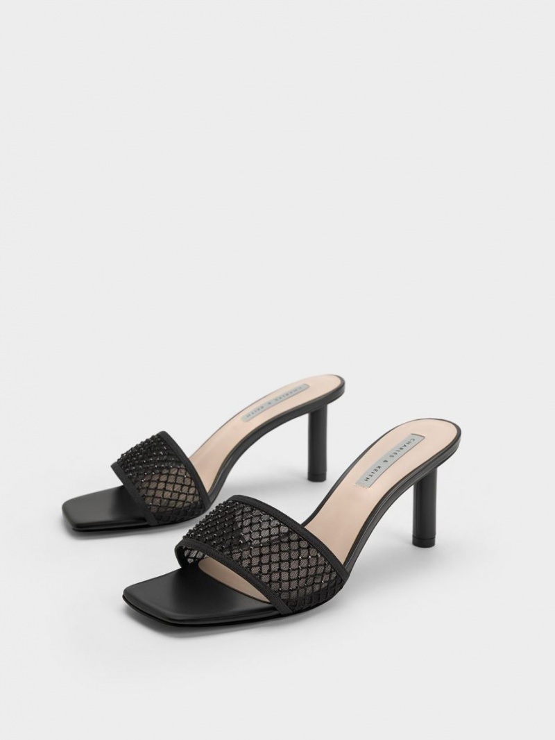 Charles & Keith Gem-Encrusted Cylindrical Heel Mesh Sandalen Absatz Schwarz | 076NQPBVA